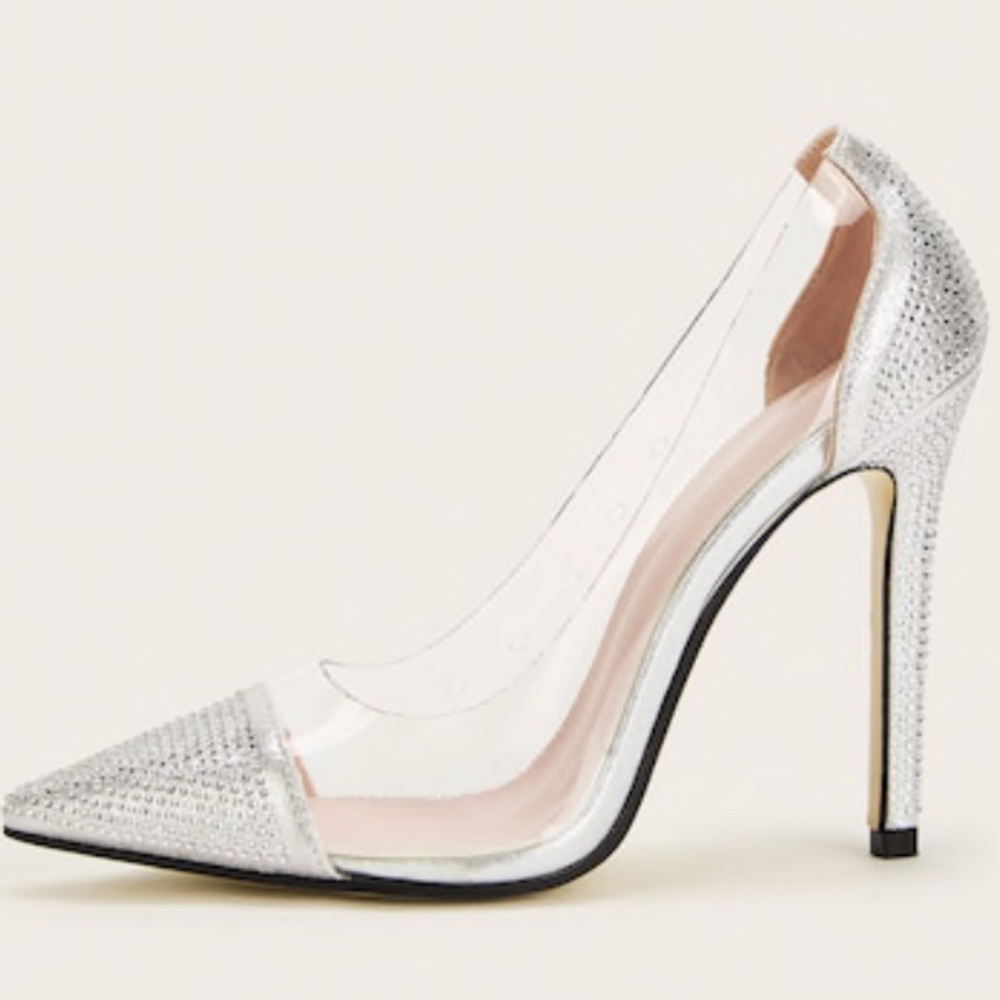 Silver embellished lucite heels